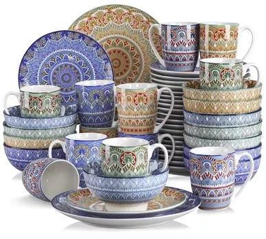 Valgomojo servizas 48 el. / 12 asm. Boho spalvingas su puodeliais
