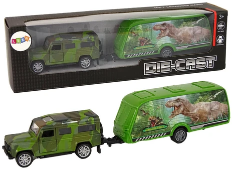 Transporto priemonių rinkinys: džipas ir priekaba su dinozaurais