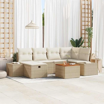 Sodo Sofa Komplektas 7 Dalių Smėlio Ratanas, Poliesteris