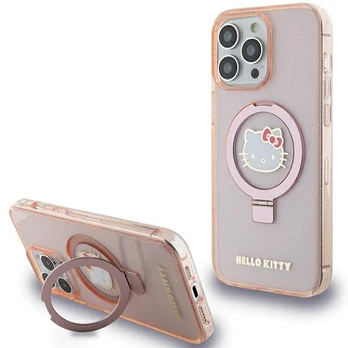 Rožinis dėklas Apple iPhone 15 Pro Max telefonui "Hello Kitty IML Ringstand Glitter Kitty Head Logo MagSafe Case"
