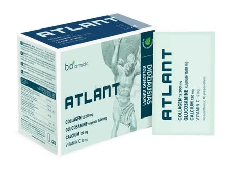 Maisto papildas ATLANT kolageno, gliukozamino ir kalcio kompleksas su vitaminu C milteliai N28
