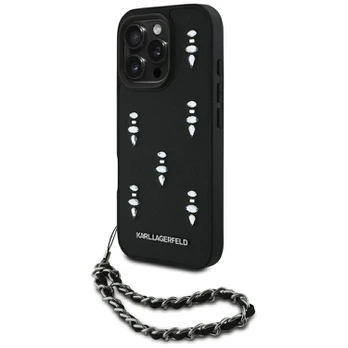 Dėklas Karl Lagerfeld Saffiano Crystals w/Chain do iPhone 16 Pro juoda