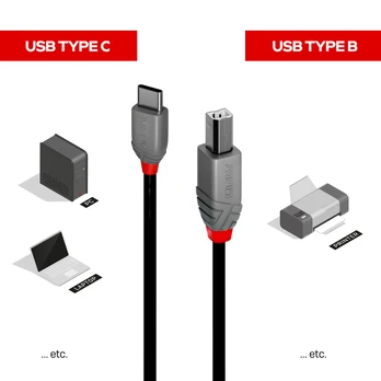 LINDY 1m USB 2.0 Typ C an B Kabelis, Anthra Line
