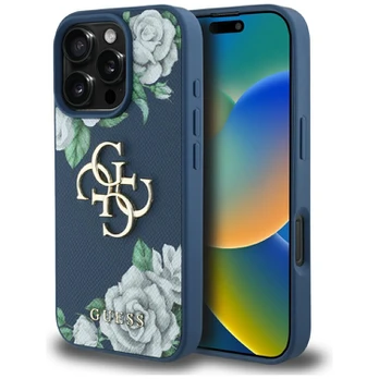 Dėklas Guess Grained Roses Big 4G logo do iPhone 16 Pro mėlyna
