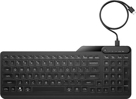 HP 405 Backlit USB-C Wired 24/7 Keyboard, Spill Resistant, Sanitizable, Programmable, Adjustable Tilt and LED brightness - Black - US ENG