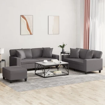 Sofa Sofos komplektas su pagalvėmis, 3 dalių, pilkas, dirbtinė oda
