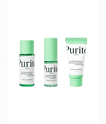 Purito Seoul Wonder Releaf Centella Mini Kit Unscented – bekvapių raminančių priemonių rinkinys su centele
