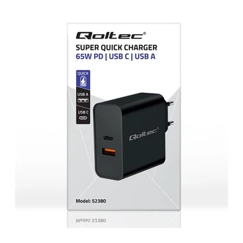 Qoltec Įkroviklis Super Quick PD | 1xUSB-C | 1xUSB | 65W | 5-20V | 1.5-3.25A | Juoda