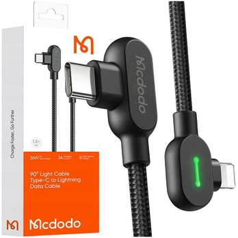 MCDODO 90° KAMPU KABELIS USB-C LIGHTNING REVERSIBLE FOR IPHONE 13 14 LED 1M