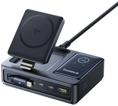 Wireless charger Baseus Nomos Qi2 140W USB, 2xUSB-C, with winding cable. USB-C/network cable 1m juodas