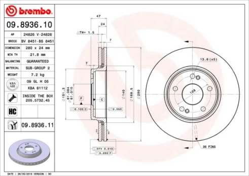 Stabdžių diskas BREMBO 09.8936.11