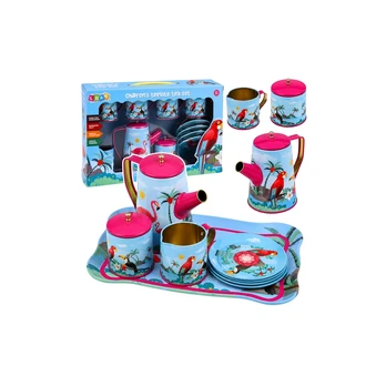 Lean Toys Tea Set with Parrots, Metal, Exotic Pattern, 12 pcs.