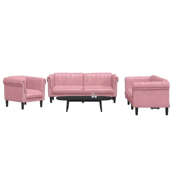 Sofa Sofos komplektas, 3 dalių, rožinės spalvos, aksomas