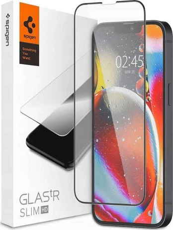 Juodas apsauginis grūdintas stiklas Apple iPhone 13 Mini telefonui "Spigen Glas.TR Slim HD"
