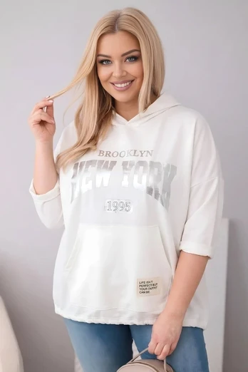 Moteriškas Plus Size džemperis su gobtuvu ir kišene kanguru, ekru spalvos