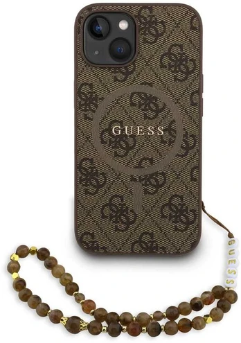 Dėklas Guess PU Leather 4G Colored Ring Strap MagSafe Case for iPhone 15 Brown