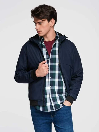 Blue Men's lightweight jacket with hood and mesh lining - navy mėlynas V1 C640