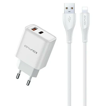 AWEI ład. siec. PD81L-EU 22.5W + kabelis USB + Lightning balta|baltas GaN