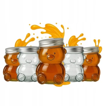5x Stiklinis indelis "meškutis" 30ml su dangteliu medui, uogienei