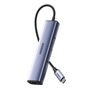 UGREEN CM475 adapteris USB-C šakotuvas prie 3x USB 3.0, RJ45, USB-C PD (pilkas)