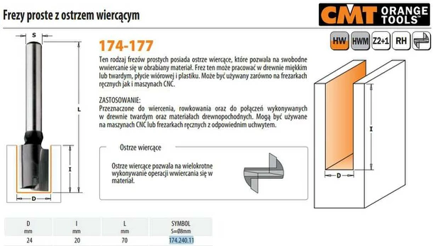 Tiesi pirštinė freza CMT; S=8 mm; D=24 mm