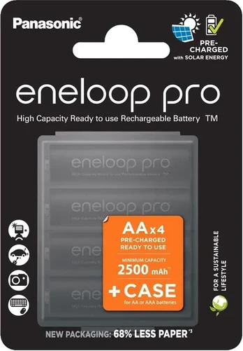 Panasonic Eneloop PRO R6 AA 2500mAh batteries x 4 + dėžutė BK-3HCDEC4BE