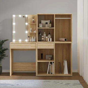 Kosmetinis staliukas su LED ir 2 spintelėmis, Mediena, ąžuolo spalva
