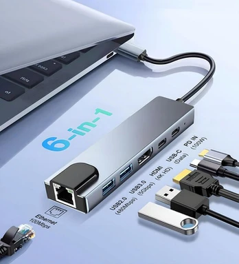Hub Usb-c 6w1: Hdmi 4k, Rj45, 2xusb 3.0, Pd 100w