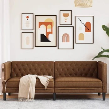 Trivietė chesterfield sofa, rudos spalvos, dirbtinė versta oda