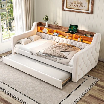 Sofa-lova su LED, USB-C, 90x190 cm, aksomas, 1 vnt