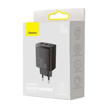 Baseus Quick Charger kroviklis 2xUSB USB-C 3A 30W, Juodas