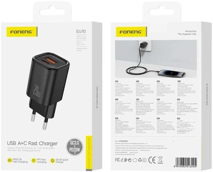 FONENG wall charger EU70 PD 20W 1xUSB-C + 1xUSB QC3.0 Juodas