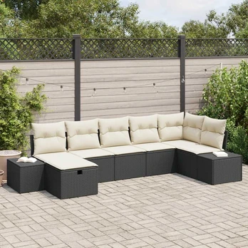 7 dalių sodo sofa su pagalvėmis juodas poli ratanas