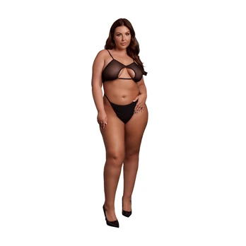 Shots Keyhole Mesh Bra with Double Back Straps and Adjustable Sliders - Plus Size - Juodas