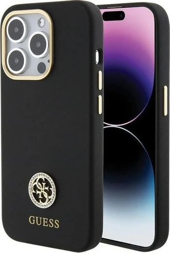Guess iPhone 15 Pro Max Skystas silikoninis 4G Strass Metal Logo Case Apple Black