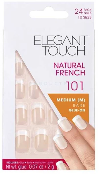 Elegant Touch, Natural French, Square, Artificial Nails, Bare, 101, Size Medium, 24 pcs