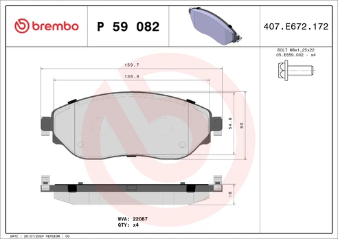 Stabdžių trinkelių rinkinys, diskinis stabdys BREMBO P59082