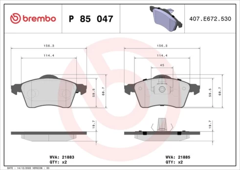Stabdžių trinkelių rinkinys, diskinis stabdys BREMBO P85047