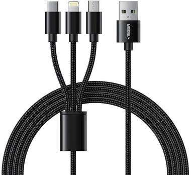 Dėklas VEGER cable 3in1 USB to Type C + Apple Lightning 8-pin + Micro 2A V303 1,2m juodas
