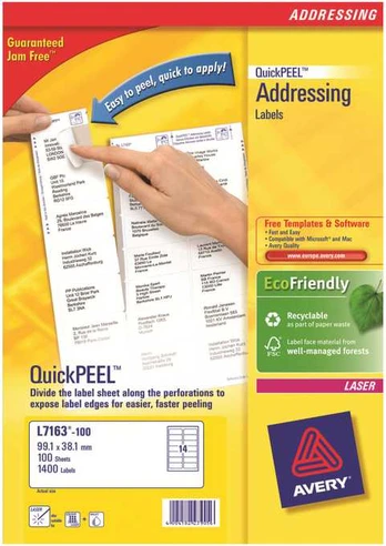 Avery Zweckform Avery QuickPEEL, Baltas, A4, 99.1 mm, 38.1 mm, 1400 pc(s), 100 sheets