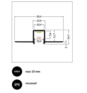 LED juostos profilis HIDE10 C4, anoduotas aliuminis, 2m