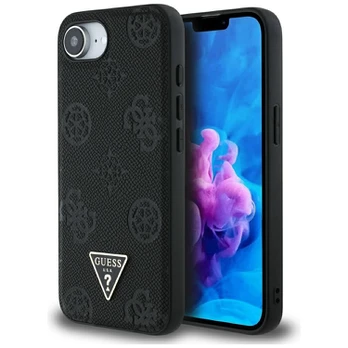 Dėklas Guess Grained Hot Stamp Peony Triangle Logo MagSafe do iPhone 16e juoda
