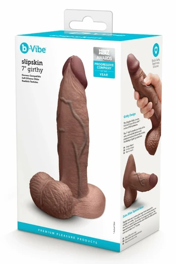 b-Vibe SlipSkin Realistic Silicone Model 7" Girthy Brown - Premium Harness Compatible