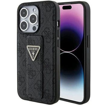 Guess Grip Stand 4G Triangle Strass dėklas, skirtas iPhone 15 Pro Max - juodas