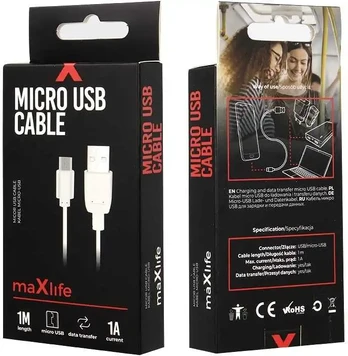 Maxlife kabelis USB - microUSB 1,0 m 1A balts