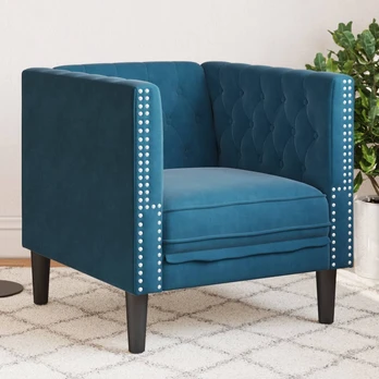 Chesterfield krėslas, mėlynos spalvos, aksomas