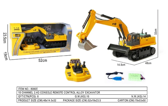 Yellow R/C excavator with control panel