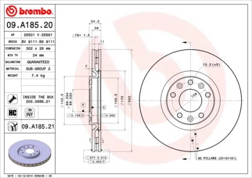 BREMBO 09.A185.21 Brake Disc