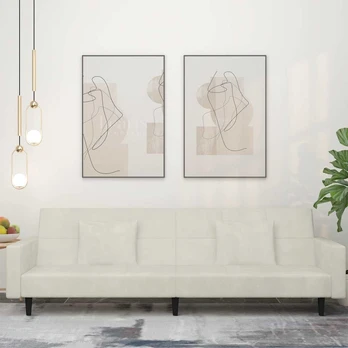 Dvivietė sofa-lova su dvejomis pagalvėmis, kreminė, aksomas