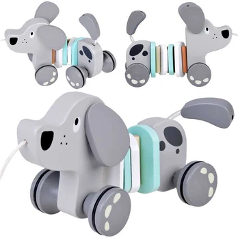 Wooden Pull Toy on a String Dog Gray ZA5376
